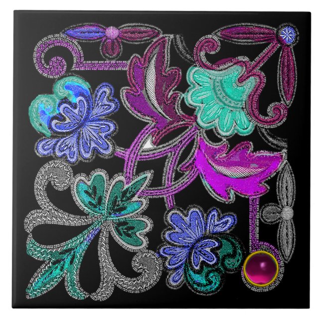 TEAL BLUE PURPLE BLACK LACE FLOWER COLORFUL GEM  TILE (Front)