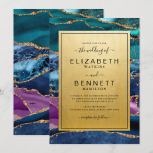 Teal Blue Purple Gold Agate Wedding Invitation