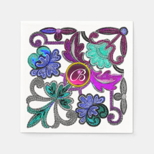 TEAL BLUE PURPLE LACE FLOWER COLORFUL GEM MONOGRAM NAPKIN