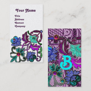TEAL BLUE PURPLE LACE FLOWERS COLORFUL GEMSTONES BUSINESS CARD