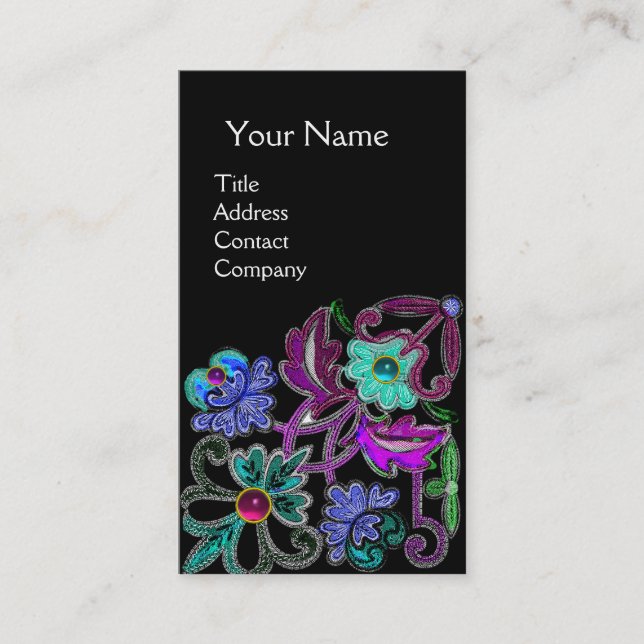 TEAL BLUE PURPLE LACE FLOWERS GEMSTONES Black Business Card (Front)