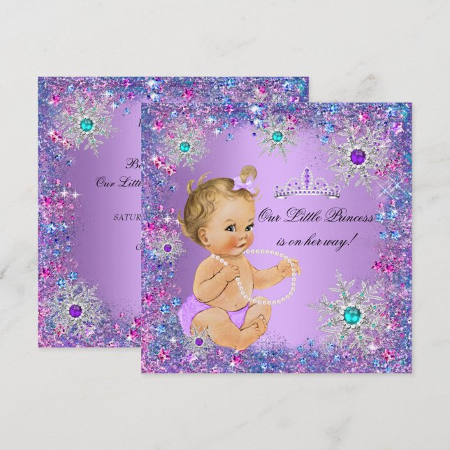 Teal Blue Purple Pink Princess Baby Shower Blonde Invitation (Front/Back)