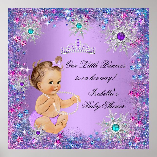 Teal Blue Purple Pink Princess Baby Shower Brown Poster (Front)