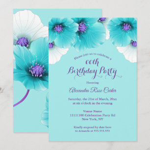 Teal Blue Purple Poppies floral Birthday Party Invitation
