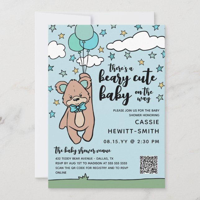Teal Blue QR Code Beary Cute Boy Baby Shower Invitation (Front)