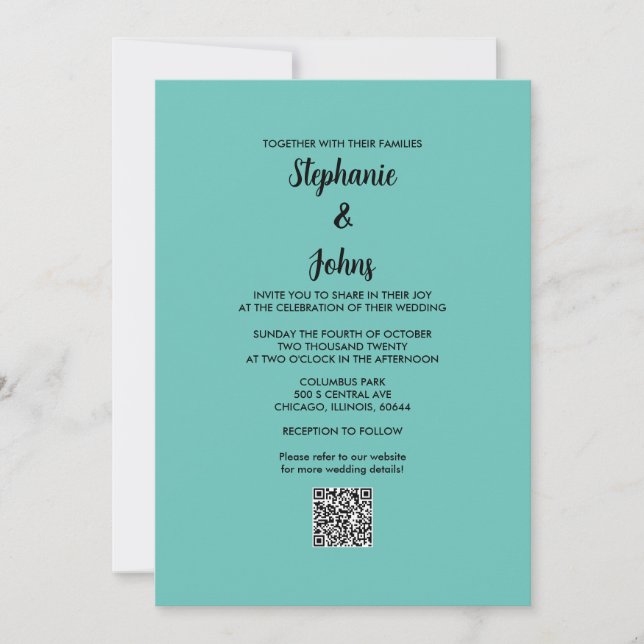 Teal Blue QR Code Black Script Simple Wedding Invitation (Front)