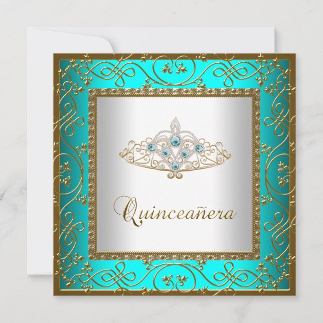 Teal Blue Quinceanera Gold Tiara Invitation (Front)