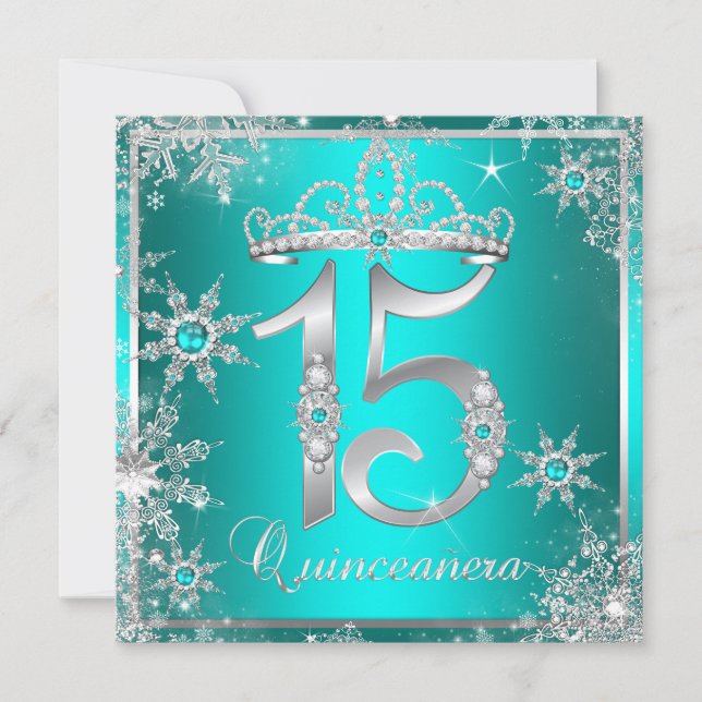 Teal Blue Quinceanera Winter Wonderland Snowflake Invitation (Front)