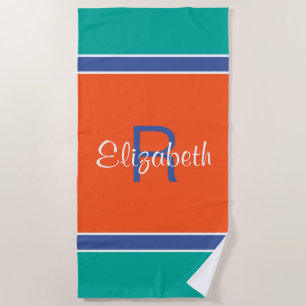 Teal Blue Red Custom Monogrammed Name Initial Beach Towel