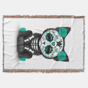 Teal Blue Red Day of the Dead Kitten Cat, White Throw Blanket