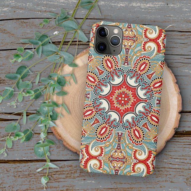 Teal Blue Red Light Orange Floral Mosaic Pattern iPhone Case (Creator Uploaded)