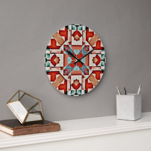 Teal Blue Red Rust Terra Cotta Tribal Art Pattern Large Clock