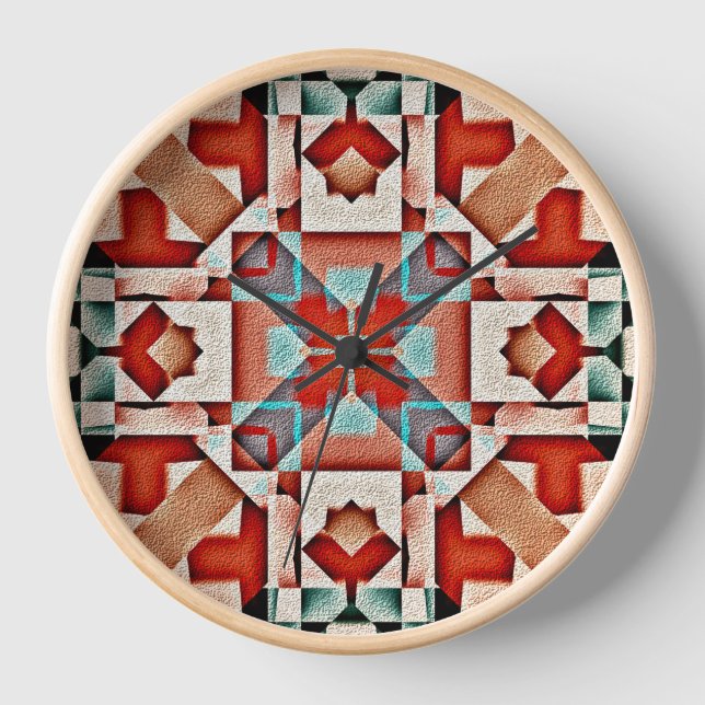Teal Blue Red Rust Terra Cotta Tribal Art Pattern Wall Clock (Front)