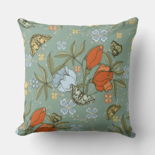 Teal Blue Red Tulips Yellow Butterflies Throw Pillow