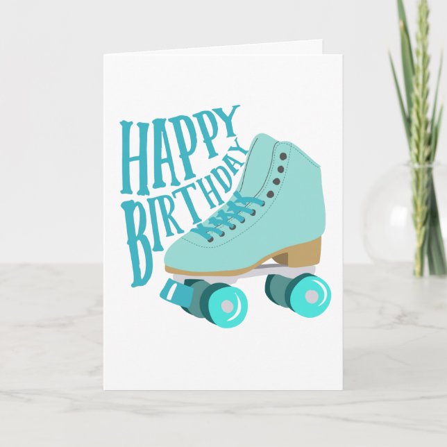 Teal Blue Retro Quad Roller Skate Happy Birthday Card (Front)