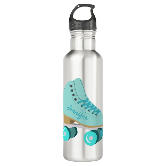 Teal Blue Retro Quad Roller Skate Personalized 710 Ml Water Bottle (Front)