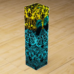 TEAL BLUE RIBBON, BLACK GOLD ART NOUVEAU DAMASK WINE BOX<br><div class="desc">Elegant gold yellow , turquoise , aqua blue gift box with vibrant 3D topaz aquamarine gemstones , classy, unique Art Nouveau damask, easily customizable with your text for wedding wine, nuptial gift , sweet 16, baby showers, bridal showers, quinceanera birthday parties, Bat Mitzvah, romantic engagement showers, Christmas, , holiday ,...</div>