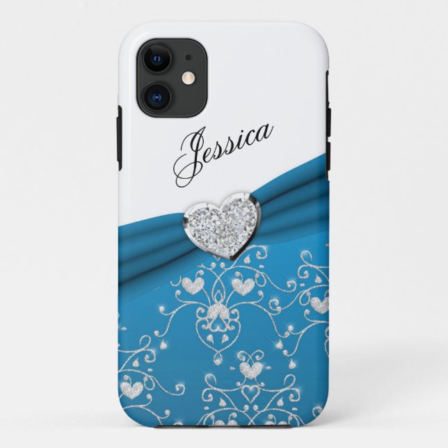 Teal Blue Ribbon Heart Damask iPhone 5 Case (Back)