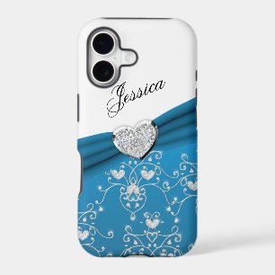 Teal Blue Ribbon Heart Damask iPhone 5 Case