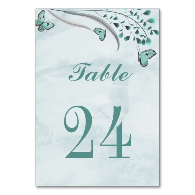 teal blue romantic butterflies leaves botanical table number (Front)