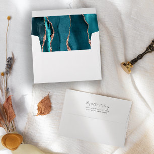 Teal Blue Rose Gold Agate White Wedding Envelope