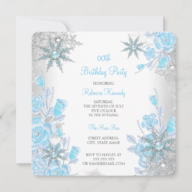 Teal Blue Rose Winter Wonderland Snowflakes Party Invitation (Front)