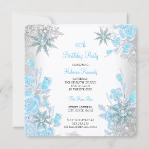 Teal Blue Rose Winter Wonderland Snowflakes Party Invitation
