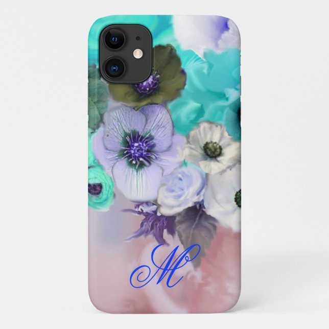TEAL BLUE ROSES AND WHITE ANEMONE FLOWERS MONOGRAM Case-Mate iPhone CASE (Back)