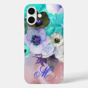 TEAL BLUE ROSES AND WHITE ANEMONE FLOWERS MONOGRAM iPhone 16 PLUS CASE
