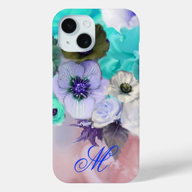TEAL BLUE ROSES AND WHITE ANEMONE FLOWERS MONOGRAM Case-Mate iPhone CASE (Back)