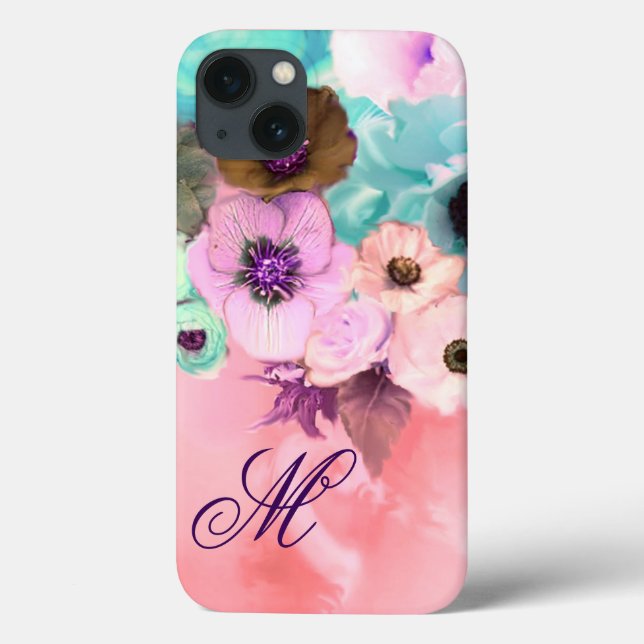 TEAL BLUE ROSES, PINK ANEMONE FLOWERS MONOGRAM Case-Mate iPhone CASE (Back)