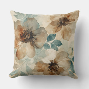 Teal Blue Rust Cream Modern Farmhouse Floral Throw Pillow
