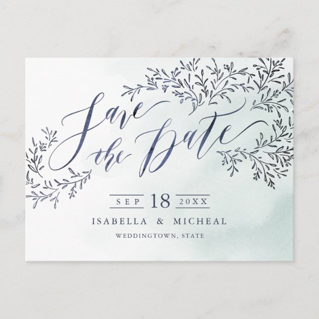 Teal blue rustic floral calligraphy save the date announcement postcard (Front)