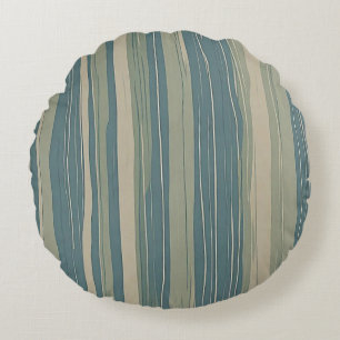 Teal Blue Sage and Beige Stripes Round Pillow