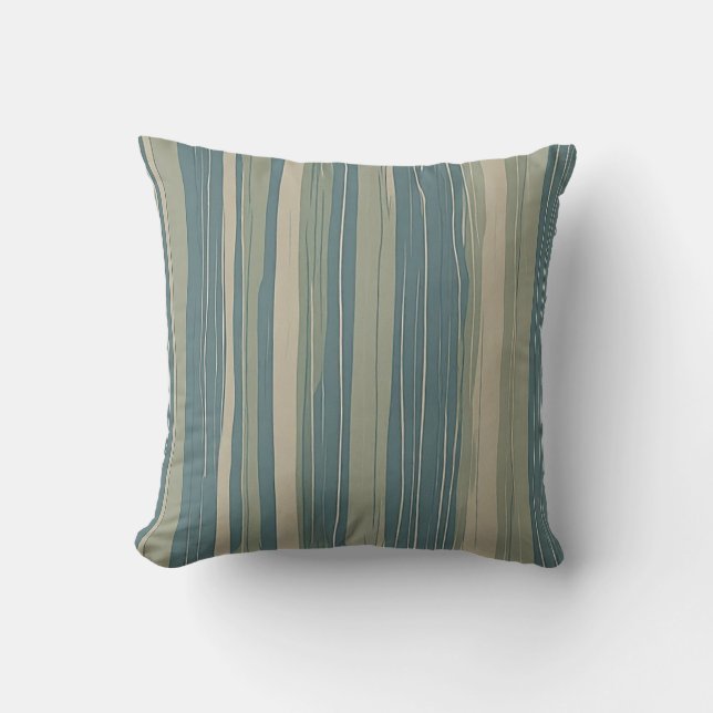 Teal Blue Sage and Beige Stripes Throw Pillow (Front)