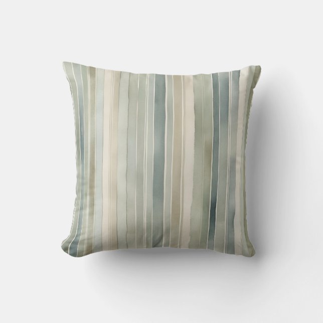 Teal Blue Sage Green Cream Distressed Stripe 16" Throw Pillow (Front)