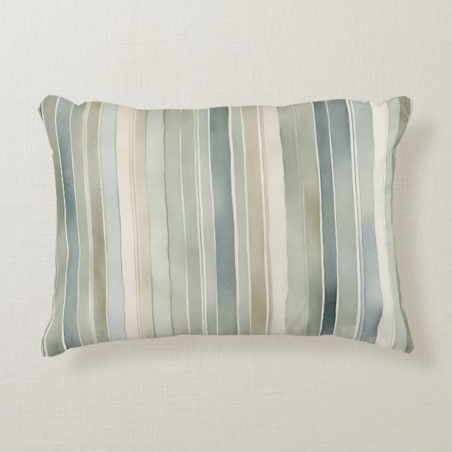 Teal Blue Sage Green Cream Distressed Stripe Accent Pillow (Front)