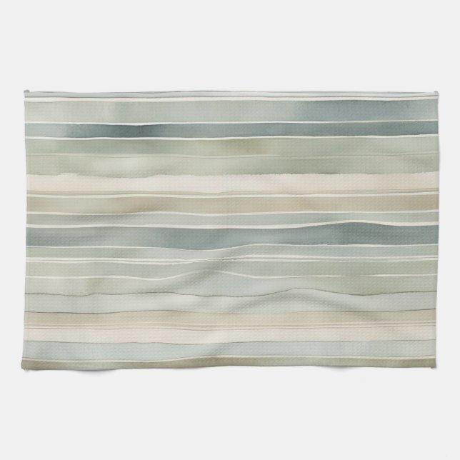 Teal Blue Sage Green Cream Distressed Stripe Kitchen Towel (Horizontal)