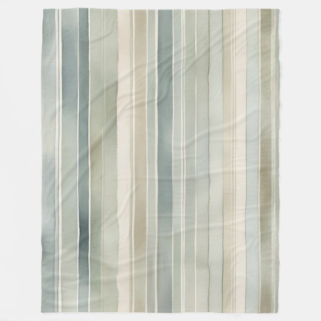 Teal Blue Sage Green Cream Distressed Stripe Large Fleece Blanket (Front)