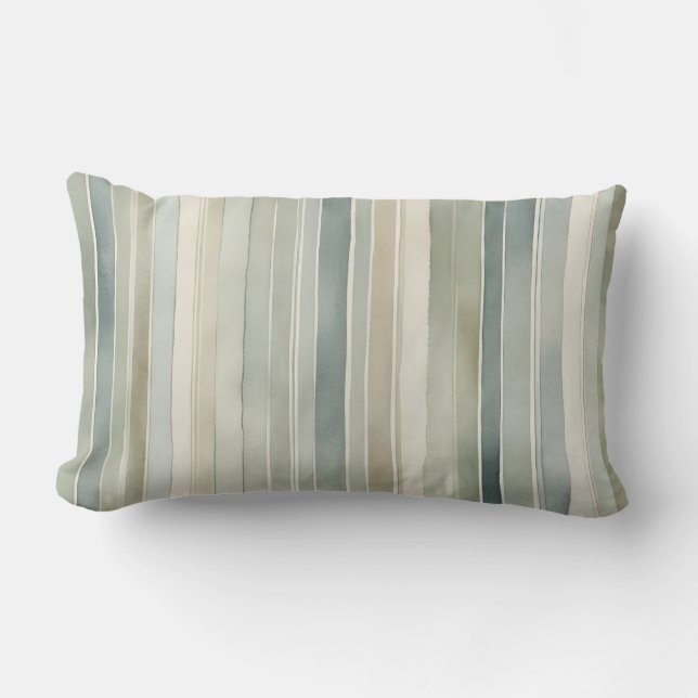 Teal Blue Sage Green Cream Distressed Stripe Lumbar Pillow (Front)