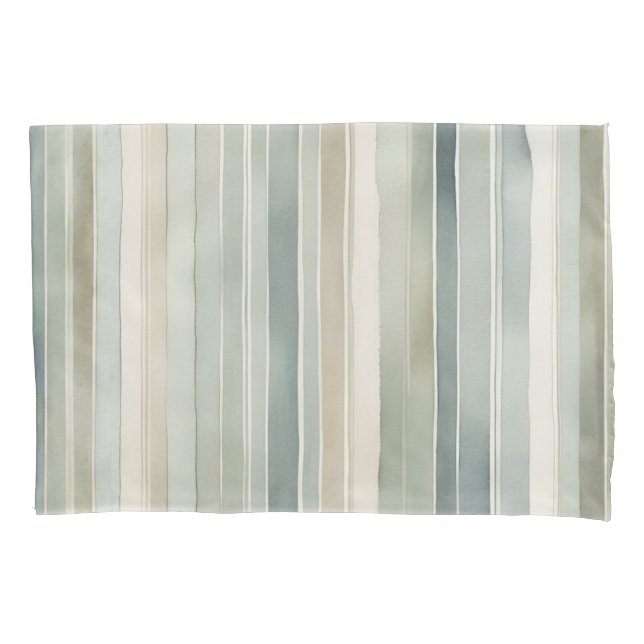 Teal Blue Sage Green Cream Distressed Stripe Pillowcase (Front)