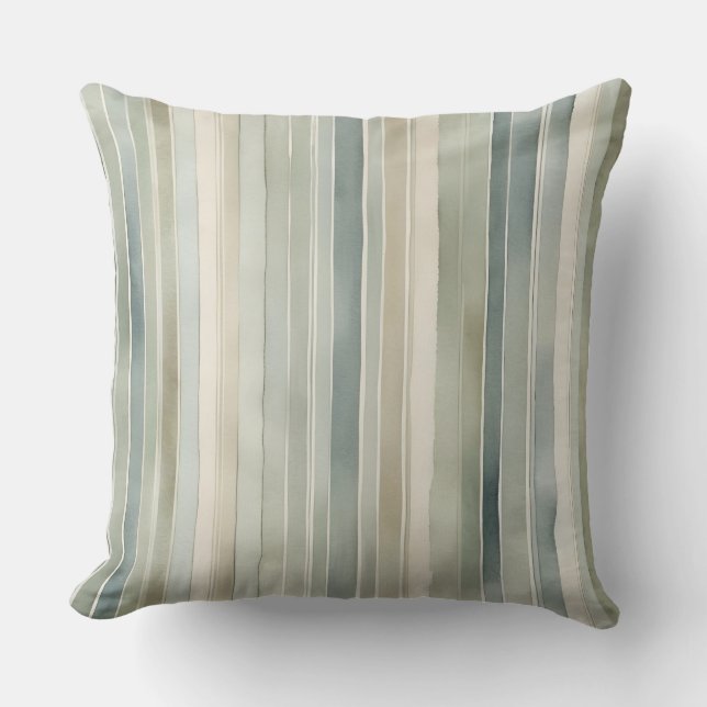 Teal Blue Sage Green Cream Distressed Stripe Throw Pillow (Front)