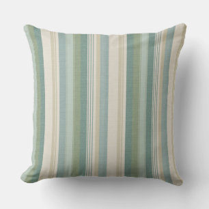 Teal Blue Sage Green Tan Cream Classic Stripes Throw Pillow