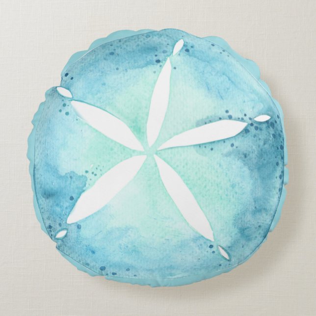 Teal Blue Sand Dollar Nautical Coastal Round Pillo Round Pillow (Front)