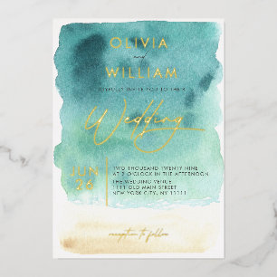 Teal Blue Sand Watercolor Wedding Foil Invitation