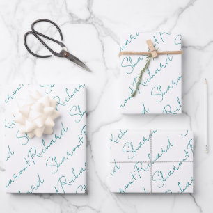 Teal blue script calligraphy names wedding wrapping paper sheet