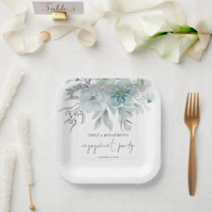 Teal Blue Sea Mist Florals Script Engagement Party Paper Plate