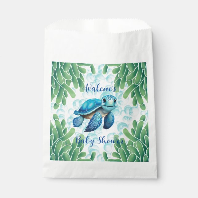 Teal Blue Sea Turtle Seaweed Boy Baby Shower Favou Favour Bag (Front)