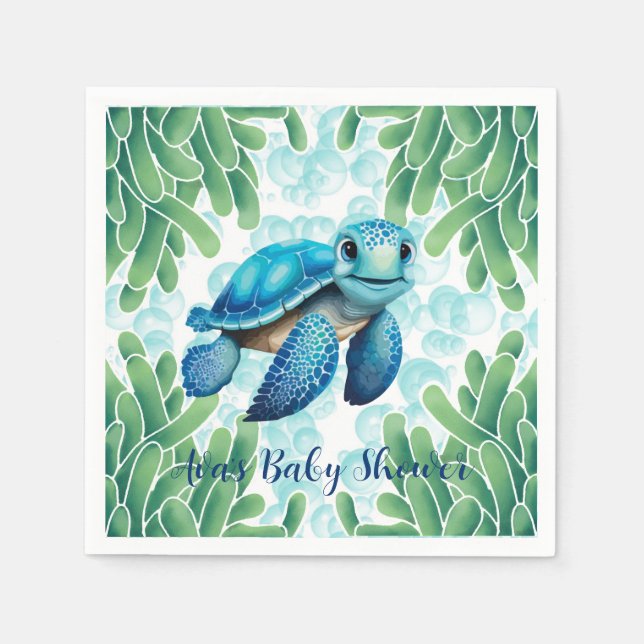 Teal Blue Sea Turtle Seaweed Boy Baby Shower Napkin (Front)