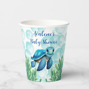 Teal Blue Sea Turtle Seaweed Boy Baby Shower Paper Cups